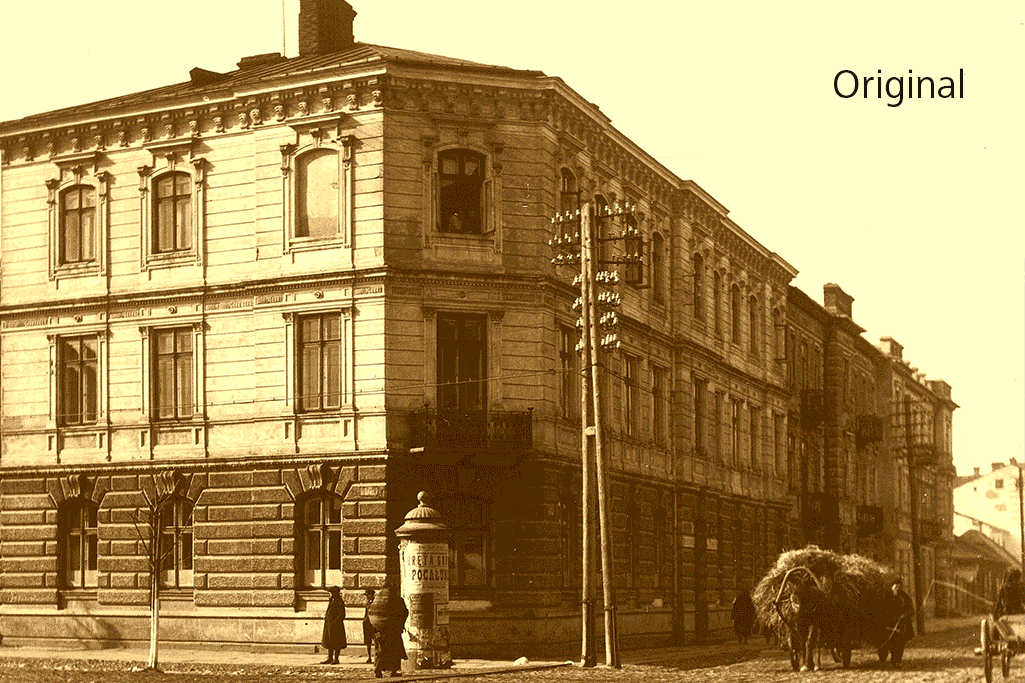 Före- och efterbilder på byggnad som renoverats och fått tillbaka historiska byggnadsdetaljer.